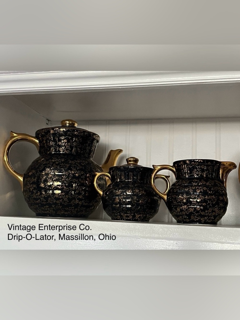 Vintage Enterprise Aluminum Co. DripOLator Coffee Tea Set Black 22K Gold Floral